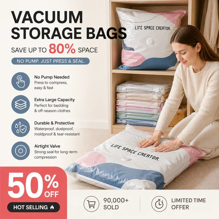🛏️No-Pump Vacuum Bags – Save 80% Space, Keep Clothes Dry & Dust-Free, for Bedding & Gear